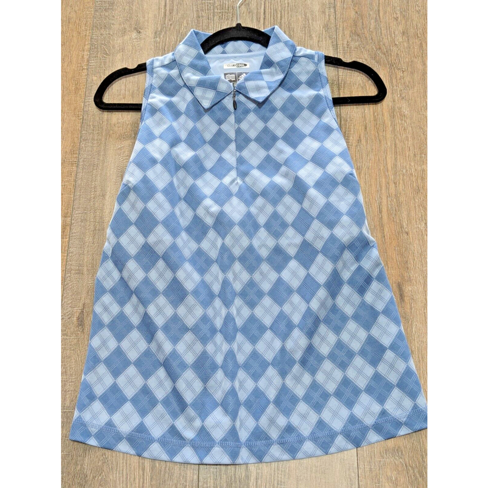 Adidas Clima Cool Top Womens Large Blue Check Sleeveless Collared Sleeveless